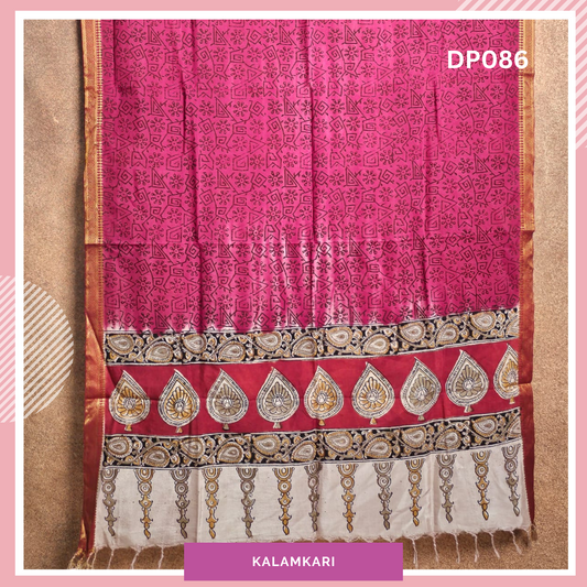 Chennuri silk dupatta with Nissam Mangalgiri border Pink with leaf