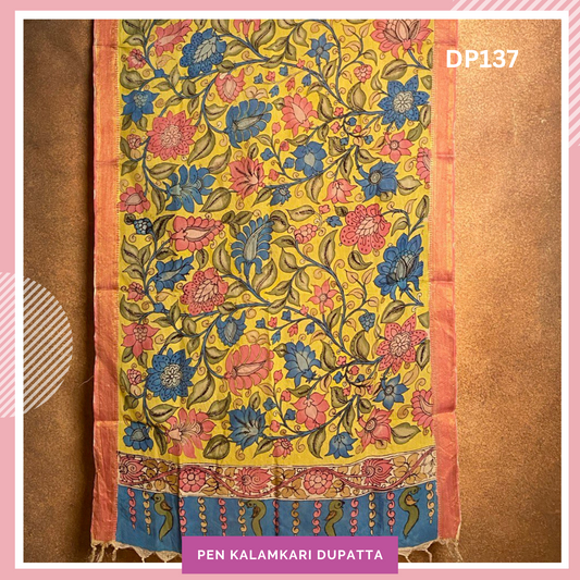 Handcrafted Luxury: Chanderi Silk Pen Kalamkari Dupatta Yellow with orange floral