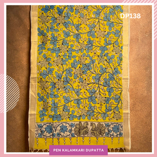 Handcrafted Luxury: Chanderi Silk Pen Kalamkari Dupatta Yellow with Blue