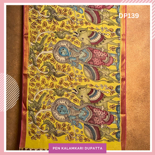 Handcrafted Luxury: Chanderi Silk Pen Kalamkari Dupatta Yellow krishna