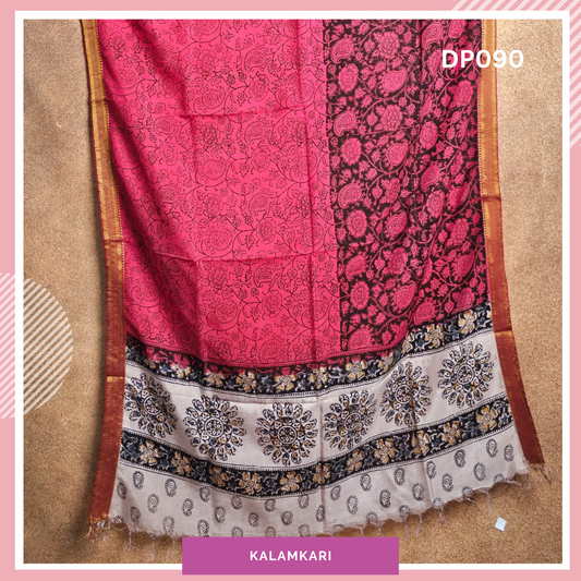 Chennuri silk dupatta with Nissam Mangalgiri border Pink with sandal Flower